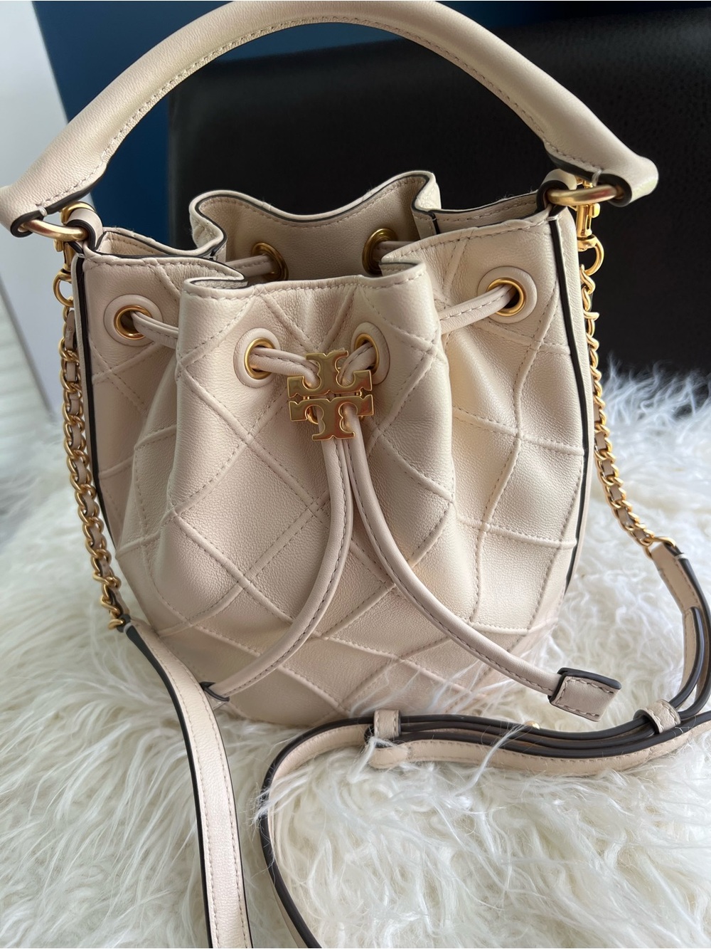 Tory Burch Cream Quilted Leather Drawstring Bucket Bag